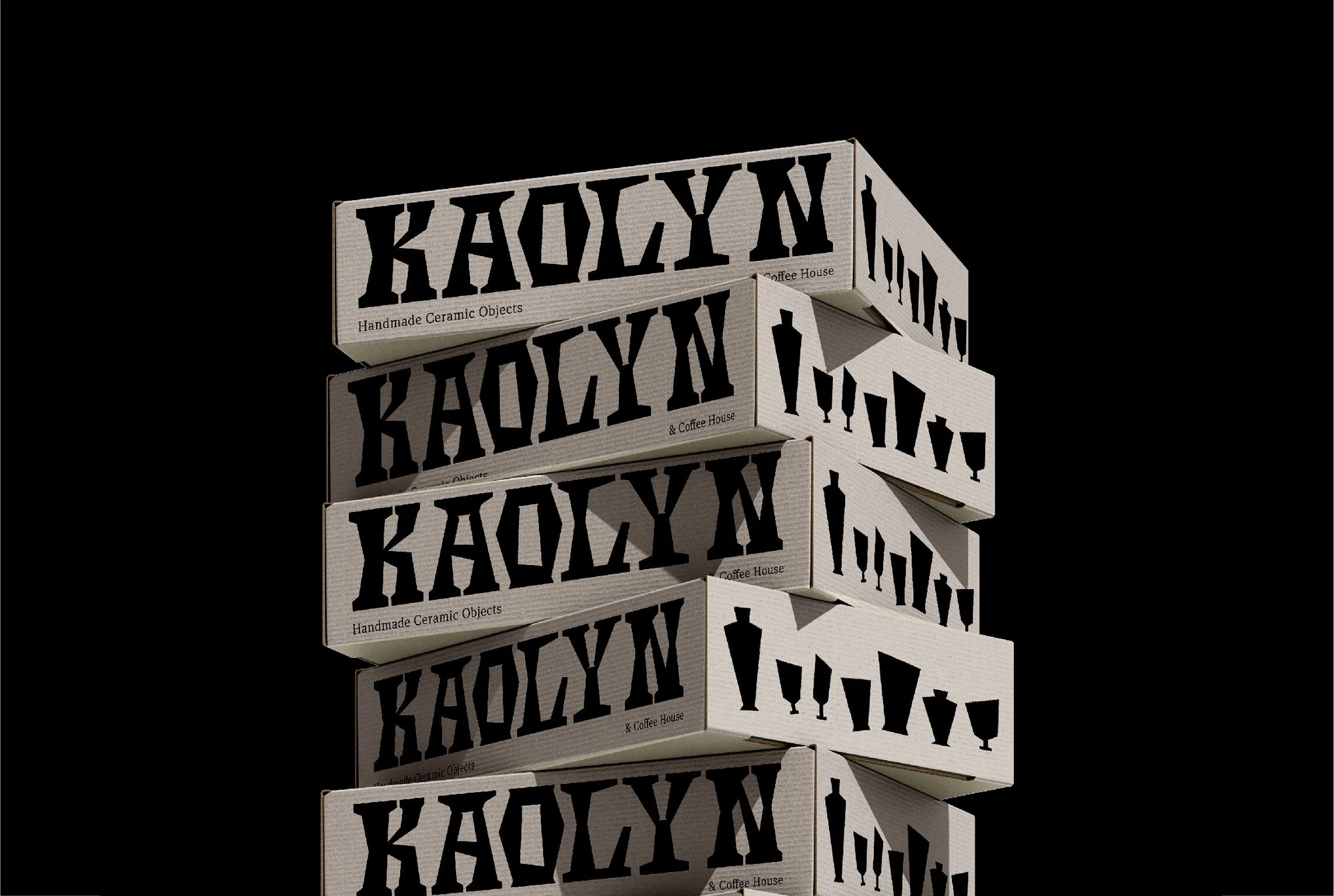 Stack of Kaolyn brand boxes featuring ceramic object silhouettes, promoting a coffee house against a solid black background.