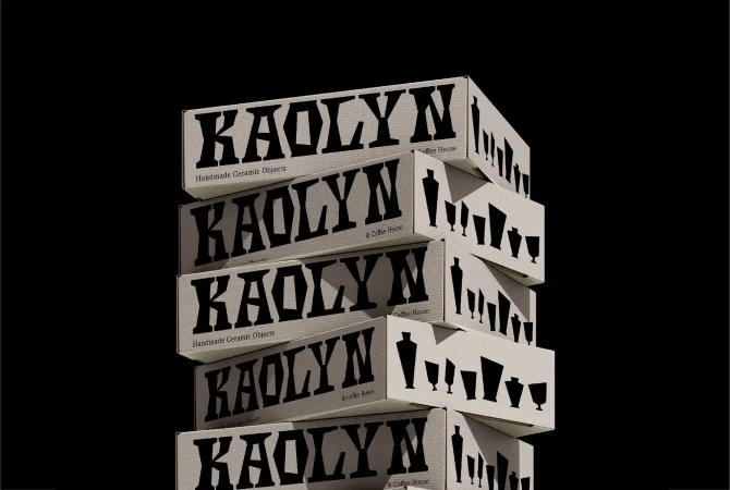 Stack of Kaolyn brand boxes featuring ceramic object silhouettes, promoting a coffee house against a solid black background.