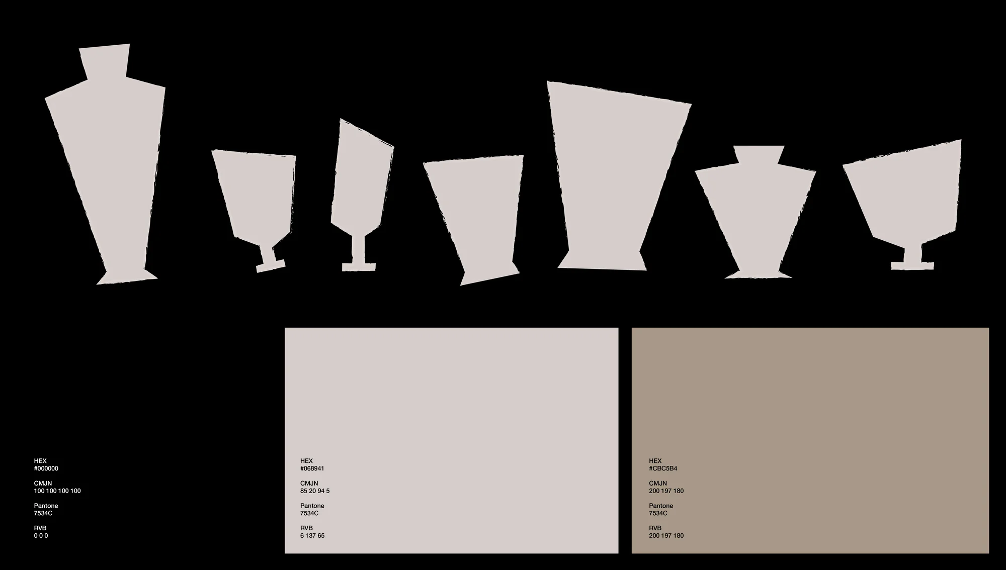 Abstract illustration features seven light tan vessel shapes against a dark background, and color swatches for reference.