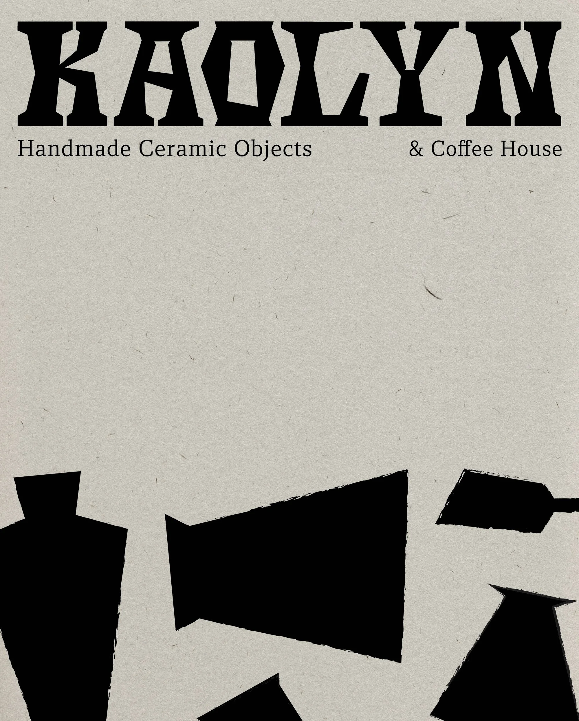 Graphic image showcasing handmade ceramic objects and a coffee house with black silhouettes of pottery designs against a light grey background.