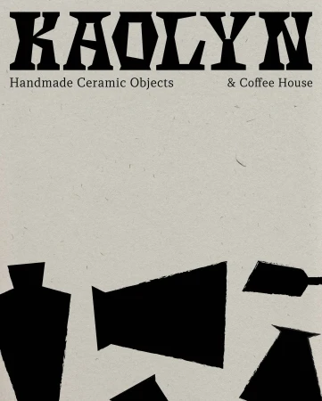 Graphic image showcasing handmade ceramic objects and a coffee house with black silhouettes of pottery designs against a light grey background.