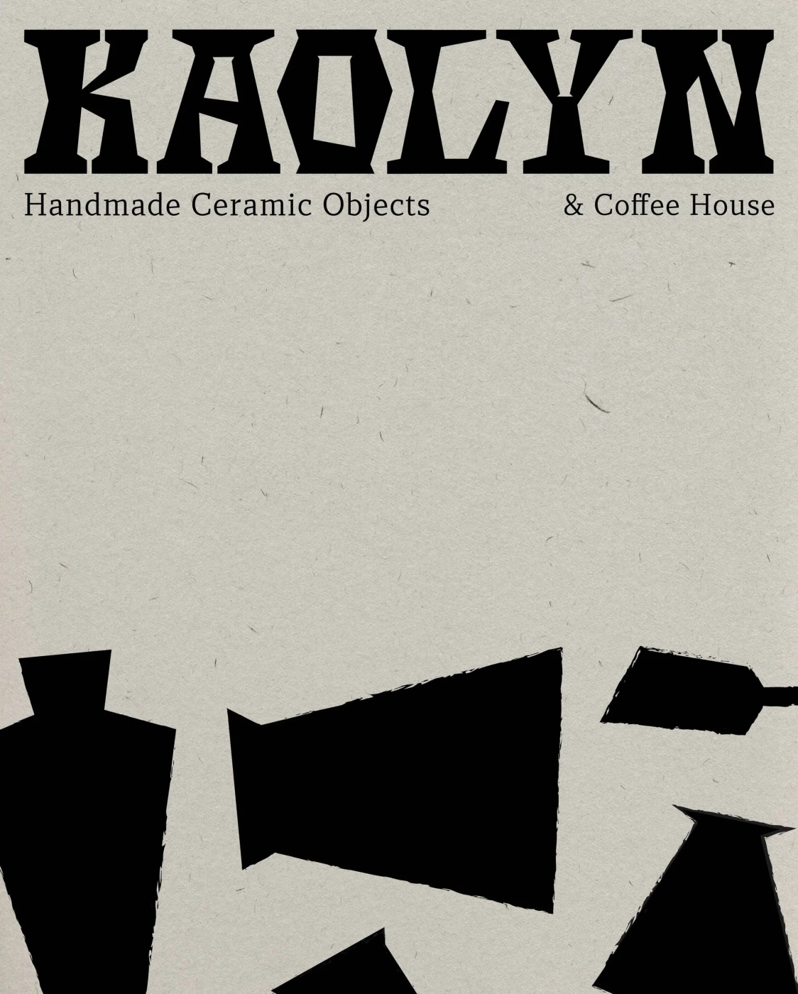 Kaolyn brand identity poster with bold black typography, descriptive text, and abstract ceramic silhouettes on textured grey background