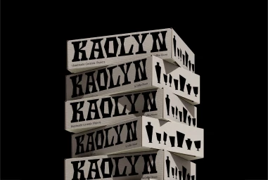 Stacked branded cardboard boxes for Kaolyn with bold black typography against a dark background