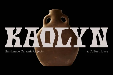 A dark brown ceramic vase centred against a black background with bold white typography reading Kaolyn.