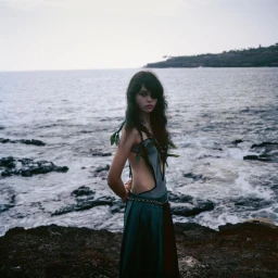 Model standing on a rocky coast by the ocean wearing a dark sleeveless dress for a Sotheby's editorial