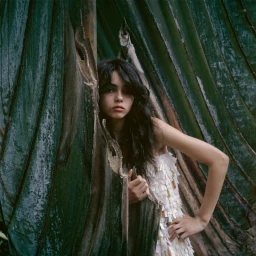 A woman in a white textured dress posing amidst large green palm fronds for Sotheby's June 2025 project shot by Olivier Kervern