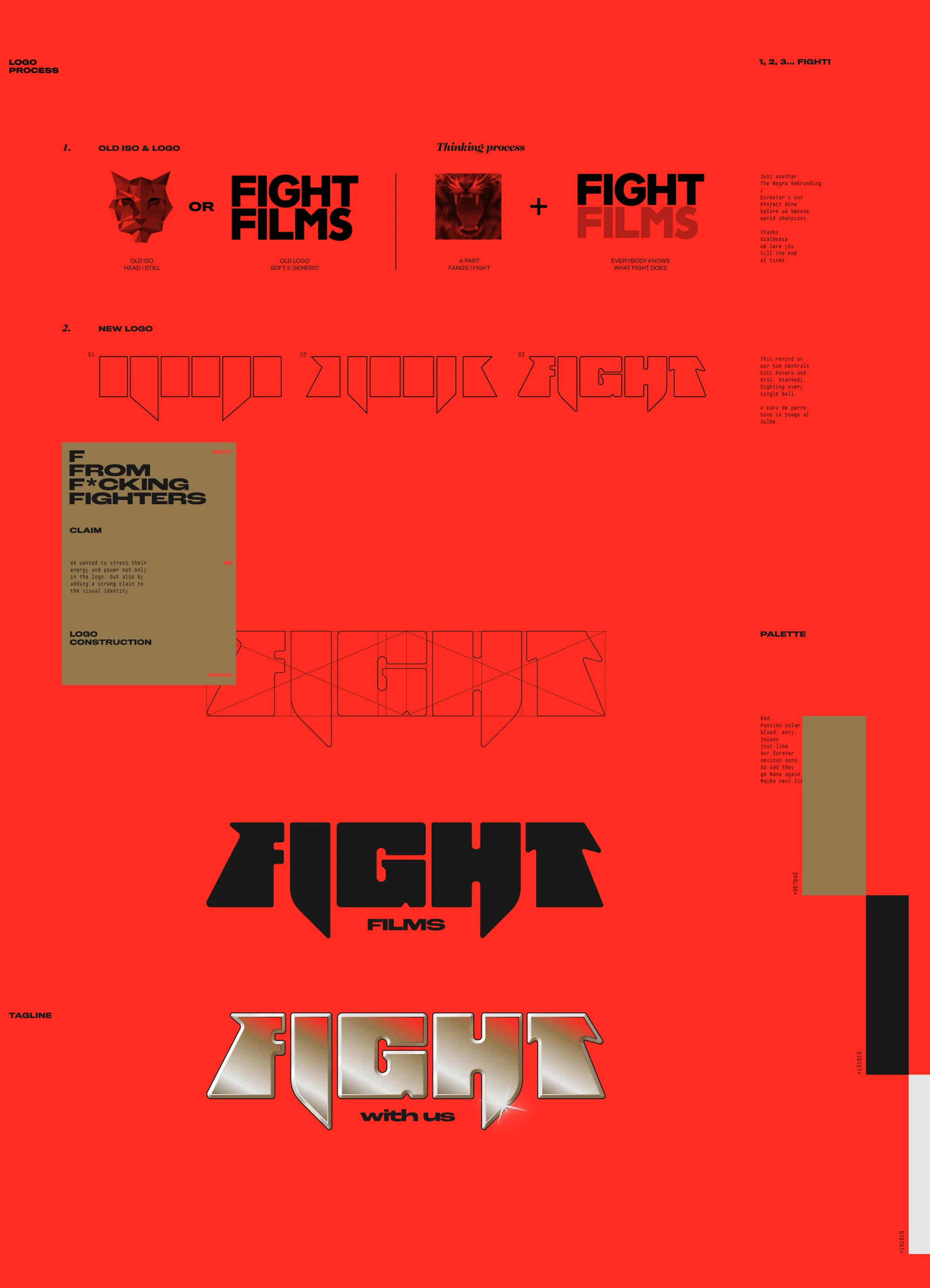 Promotional poster for Fight Films displaying logo variations, color palettes, and construction elements against a red backdrop.