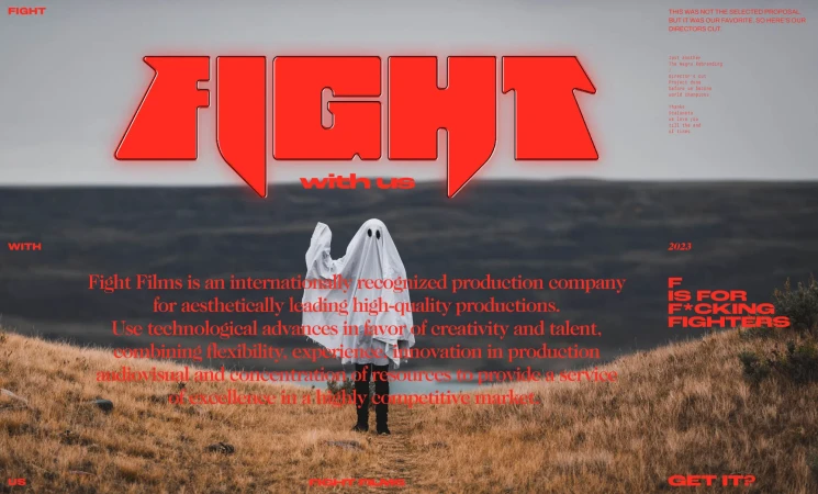 Website hero banner for Fight Films featuring a figure in a ghost costume in a grassy landscape and bold red typography.