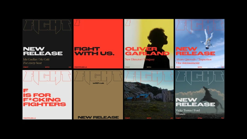 Compilation of eight distinct promotional posters for 'Fight' featuring different creatives and visuals, with bold typographic elements.