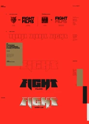 Graphic design brand identity presentation featuring logo iterations, typography exploration, and a vibrant red and black color palette.