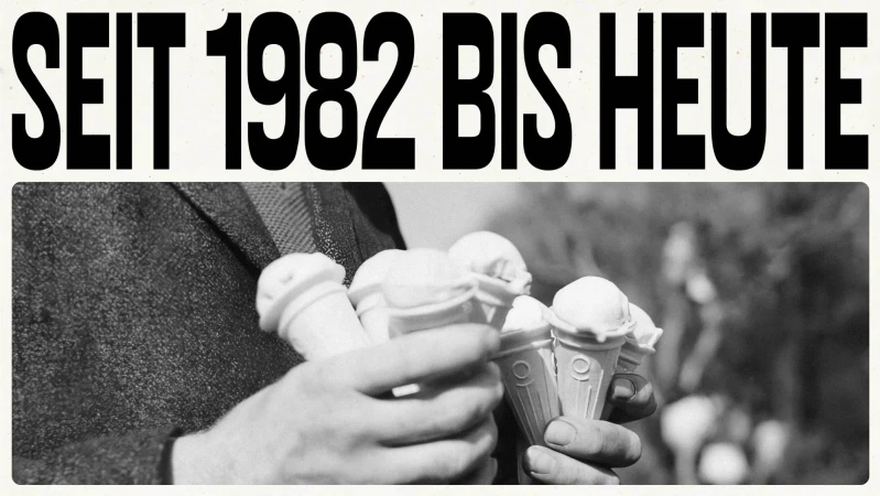 Close-up of person holding multiple ice cream cones, vintage black-and-white style, with 'SEIT 1982 BIS HEUTE' text overlay.