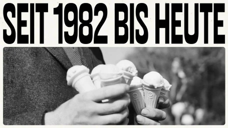 Monochrome image of hands holding multiple ice cream cones, featuring bold text reading SEIT 1982 BIS HEUTE above.