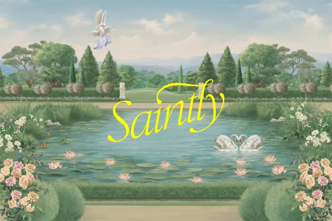 Pastel-colored illustration of a pond with swans, water lilies, and roses in a garden setting with doves carrying baby clothes.