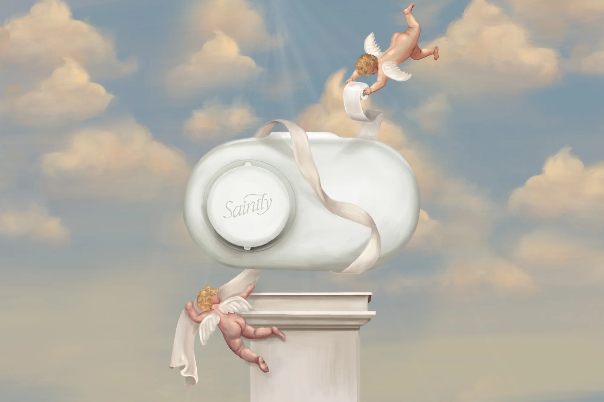 Painted art featuring a white container labeled 'Sainity' on a pillar with two cherubs in a blue cloudy sky backdrop.