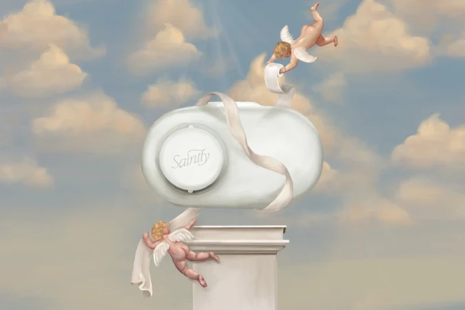 Painted art featuring a white container labeled 'Sainity' on a pillar with two cherubs in a blue cloudy sky backdrop.