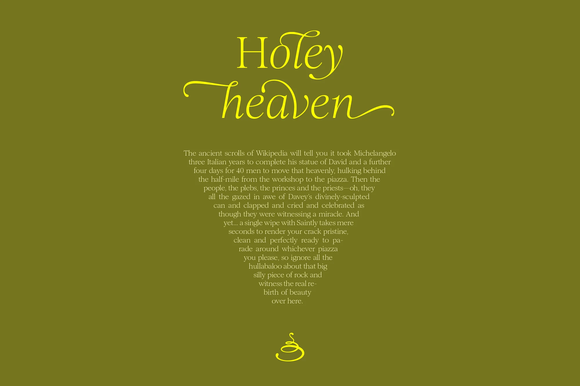 Typography art with 'Holey Heaven' in a script font against an olive green background, accompanied by text about Michelangelo's David.
