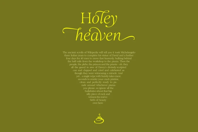 Typography graphic on a solid olive green background featuring stylized yellow text reading Holey heaven.