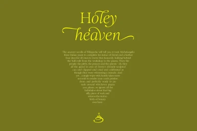 Typography graphic on a solid olive green background featuring stylized yellow text reading Holey heaven.