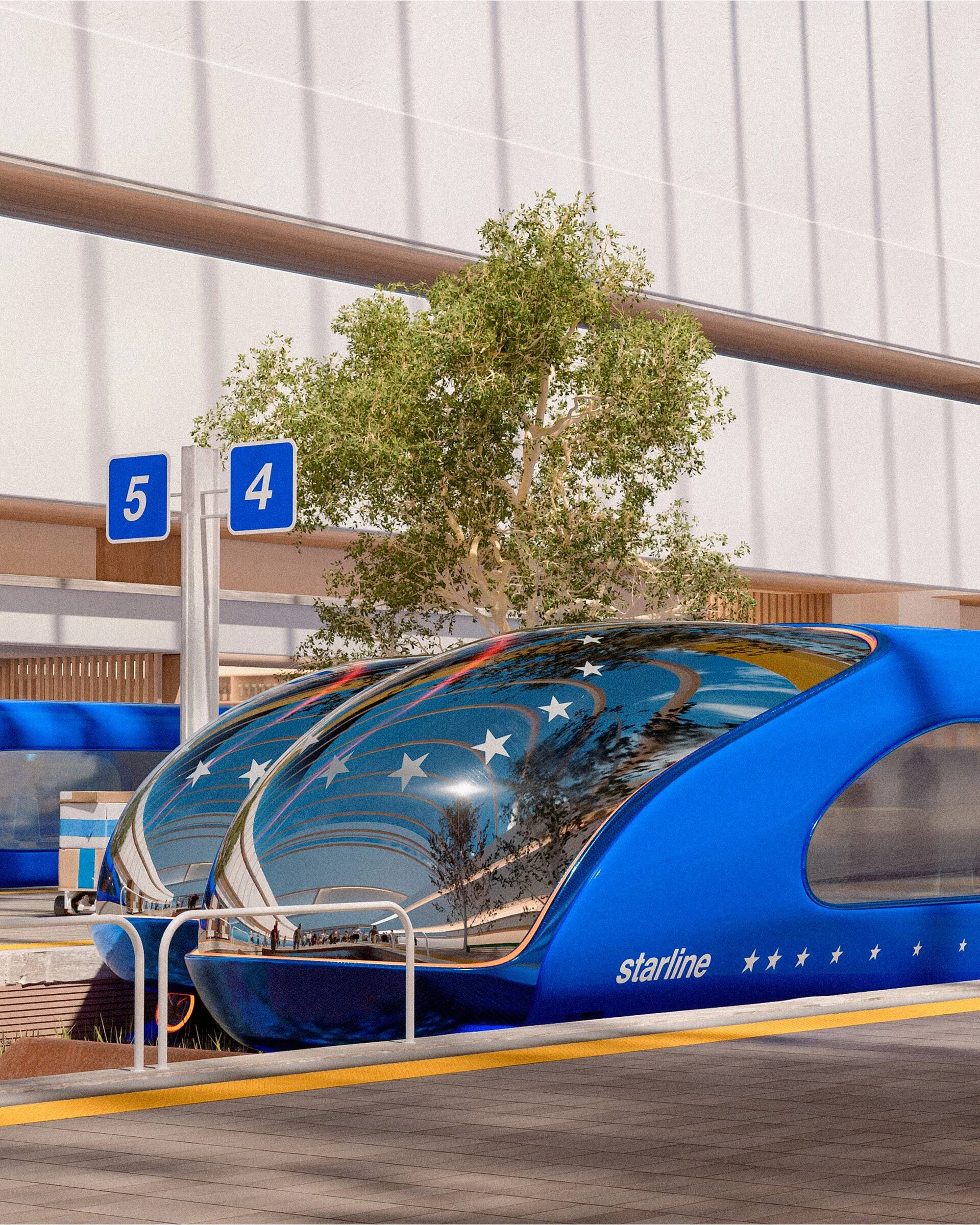 Futuristic blue starline train at an outdoor station featuring platform and signage, and tree in the background. Rendered image.