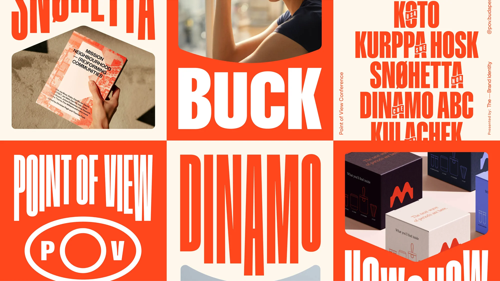 A collage of graphic design promotional art featuring text blocks and product mockups in a grid arrangement with bold typography.