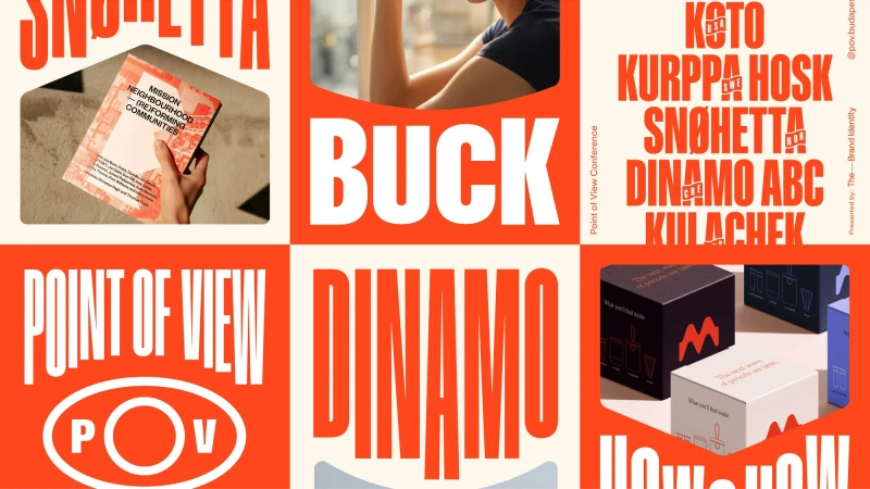A collage of graphic design promotional art featuring text blocks and product mockups in a grid arrangement with bold typography.