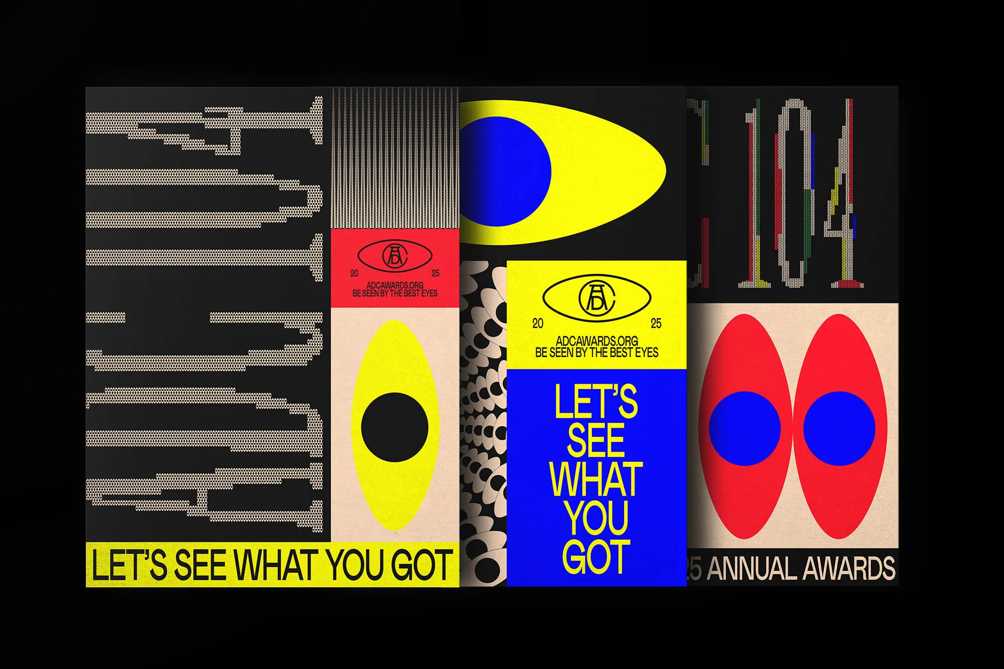Abstract graphic design poster featuring pixelated typography, geometric shapes, and bold colors for an annual awards event.
