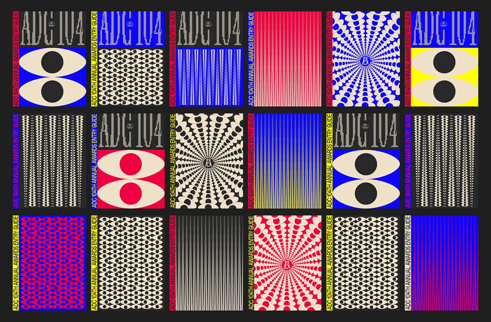 Abstract graphic design featuring colorful backgrounds and patterns with typographic elements for ADC 104th Annual Awards Entry Guide.
