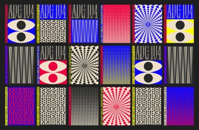 Grid of fifteen graphic design posters featuring abstract typography, patterns, and geometric eye motifs for ADC 104.