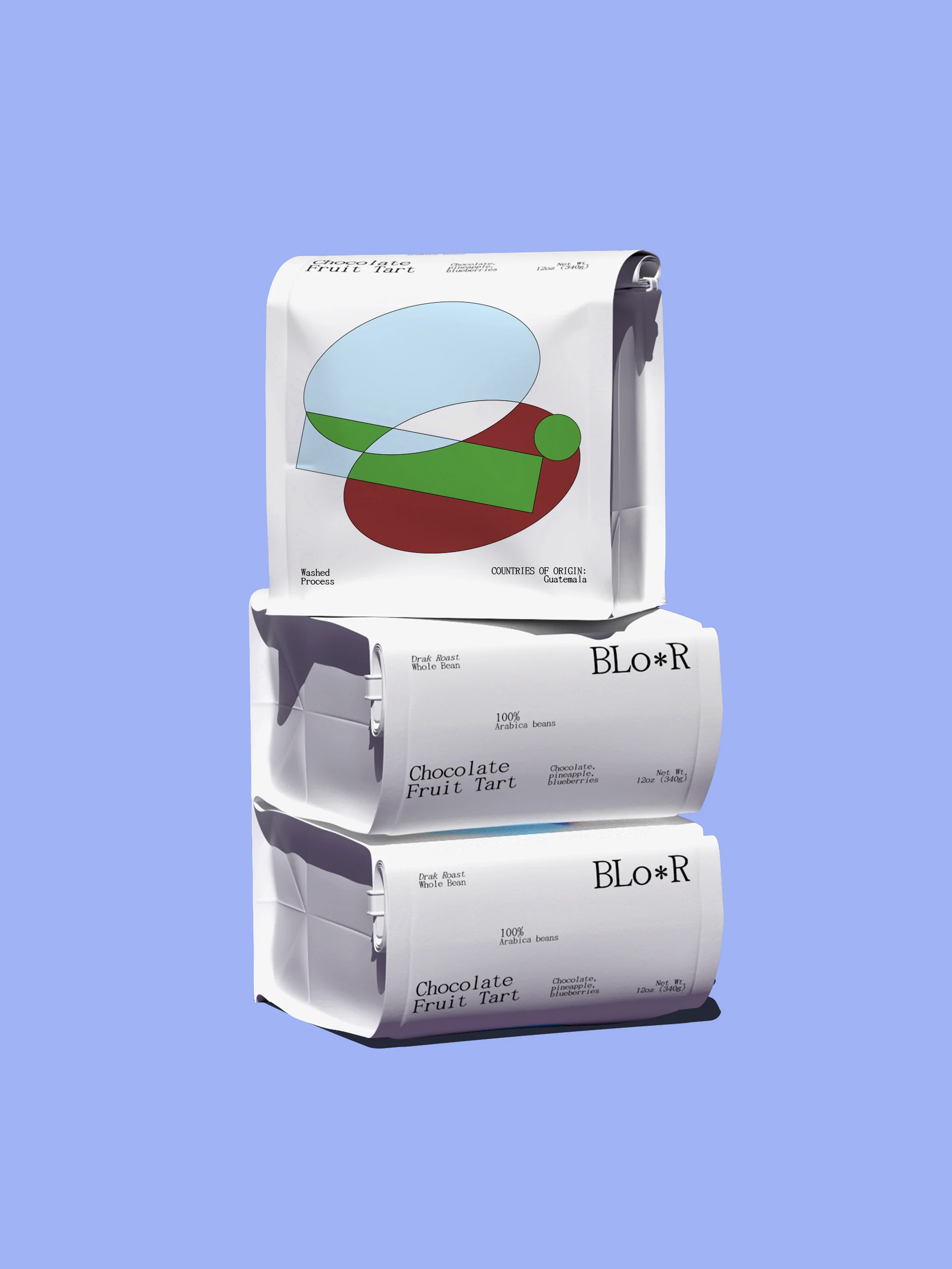 Stacked product packaging of Blo*R chocolate fruit tarts on light blue. Minimalist design with white and color block graphics.