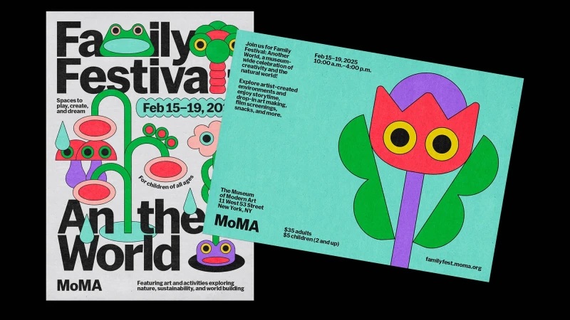 Museum of Modern Art (MoMA) event posters: a family festival advertisement with dates, stylized plants and animals, colorful typography, and event details.