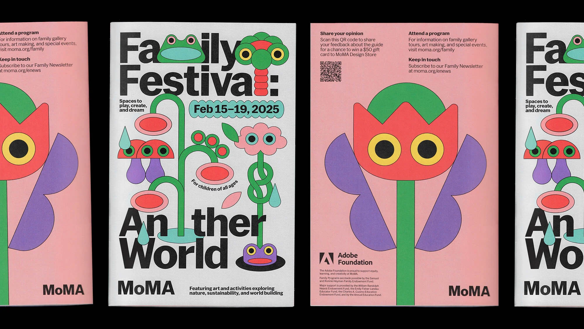 Family Festival advertisement for MoMA featuring illustration of flowers, mushrooms, and frog on a white and pink background.
