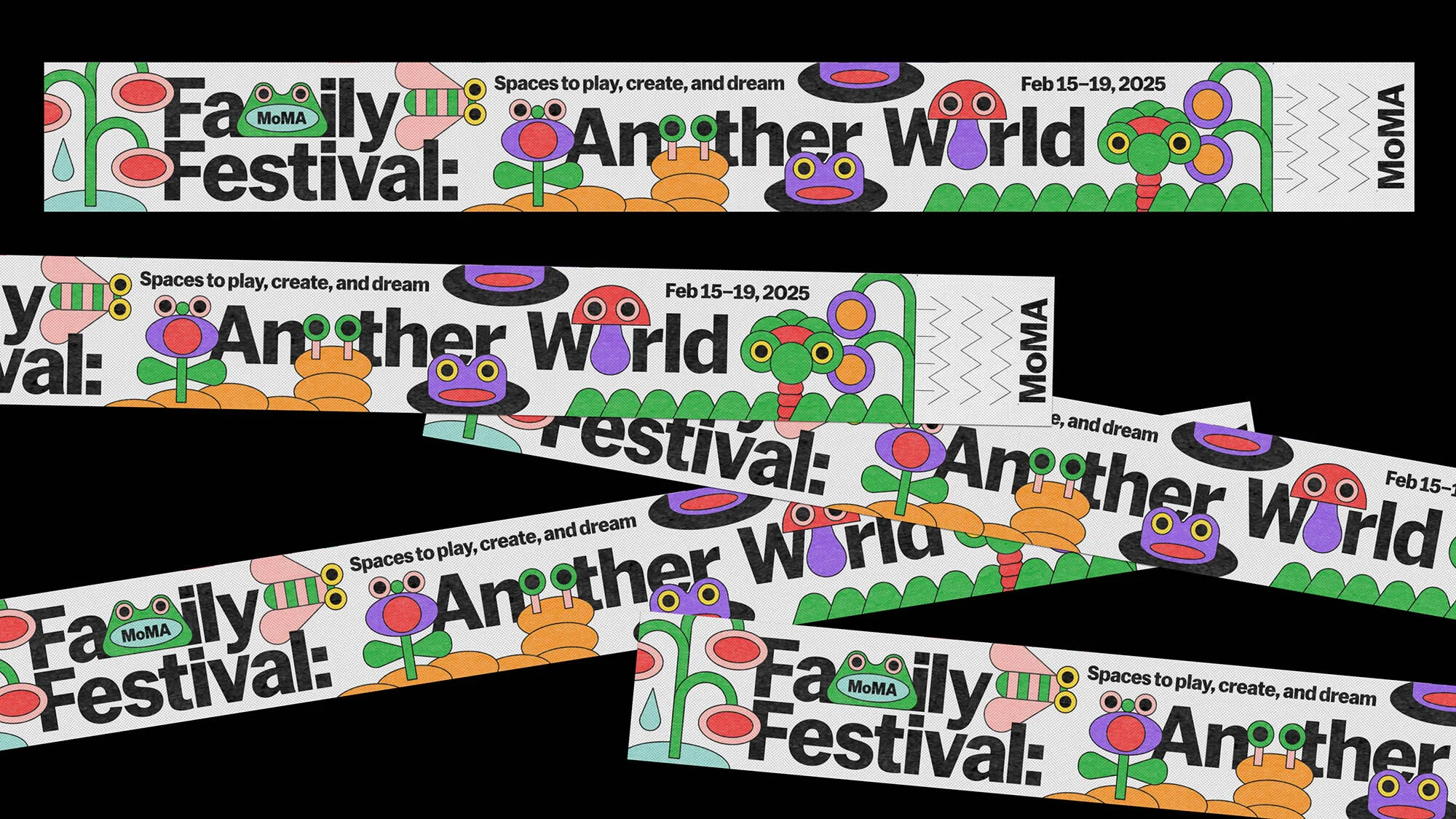 Family Festival: Another World, promotional image for MoMA event, featuring abstract, colorful illustrations on strips against a black background.