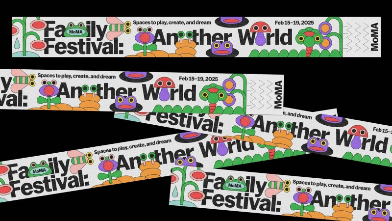 Family Festival: Another World, promotional image for MoMA event, featuring abstract, colorful illustrations on strips against a black background.