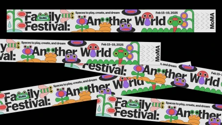 Colorful playful illustrated festival branding with quirky characters and bold typography against black background