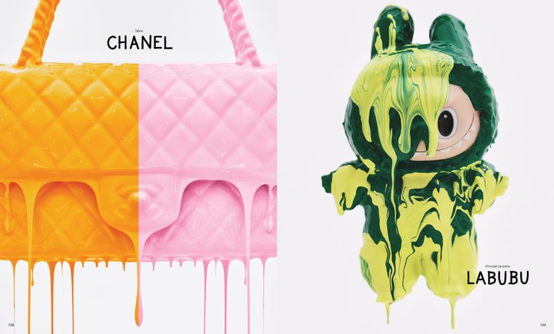 Split-screen image of a dripping Chanel handbag in yellow and pink, and a green and yellow Labubu figure on a white backdrop.
