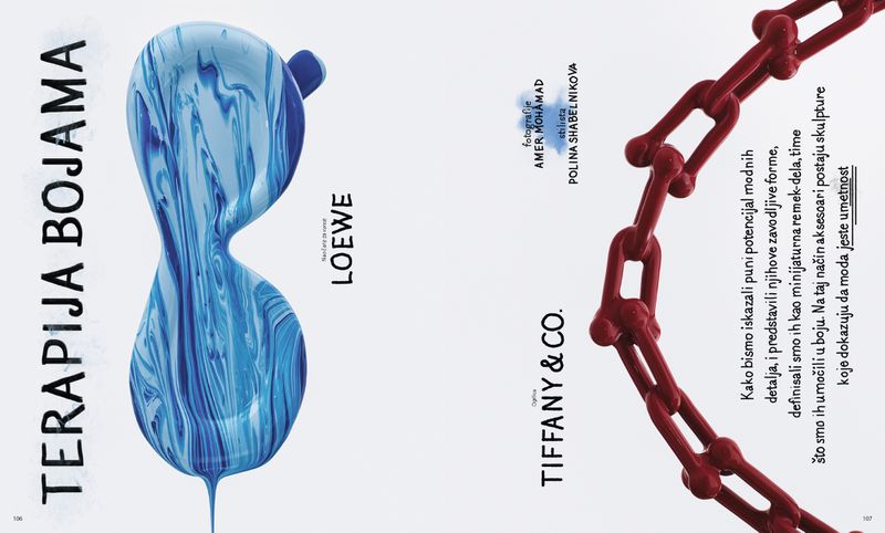 Fashion magazine double-page spread: close-ups of a blue swirling sculpture and a red plastic chain against a white backdrop.