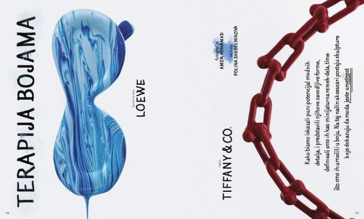 Fashion magazine double-page spread: close-ups of a blue swirling sculpture and a red plastic chain against a white backdrop.