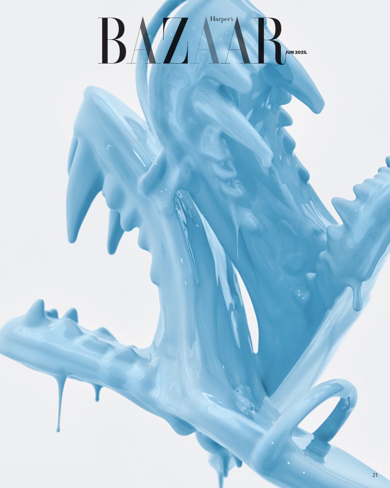Harper's Bazaar magazine cover featuring abstract blue paint resembling a skull on a white background, June 2025 issue.