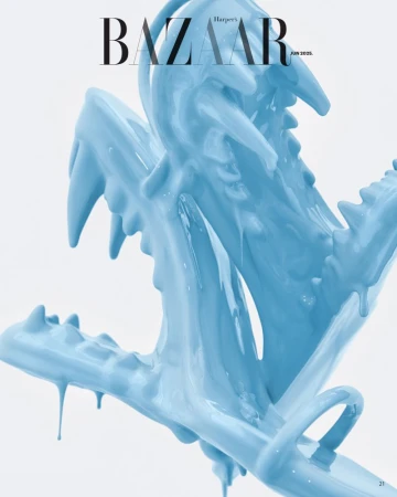 Harper's Bazaar magazine cover featuring abstract blue paint resembling a skull on a white background, June 2025 issue.