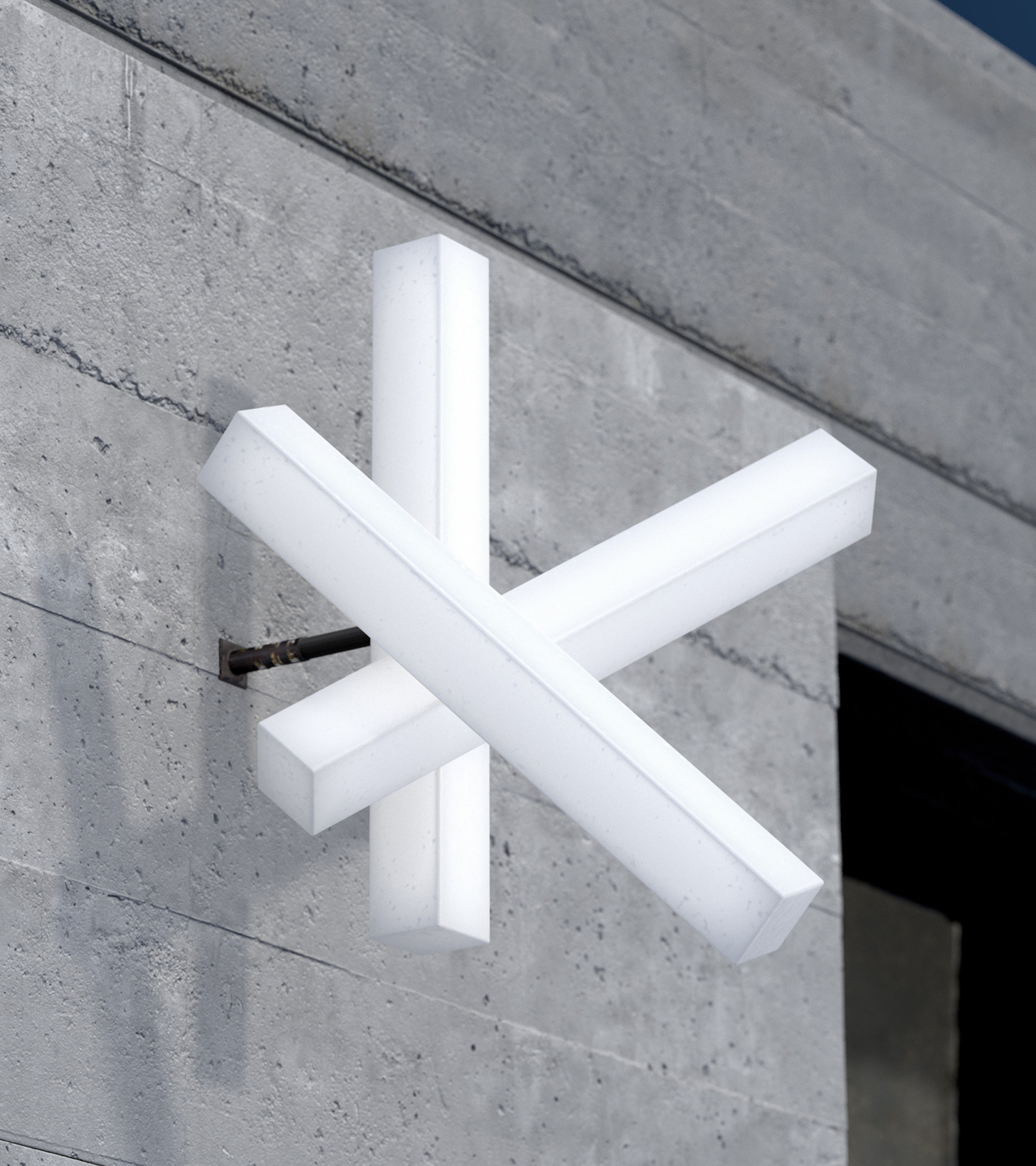 Modern abstract art installation featuring illuminated rectangular blocks mounted on a textured concrete wall, contemporary design.