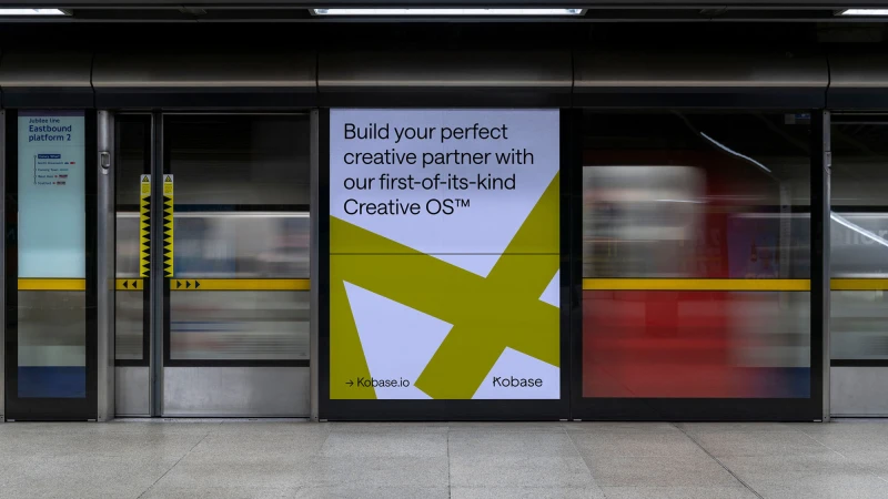 Subway station advertising Kobase's Creative OS, featuring a modern design with geometric shapes and bold typography on train doors.