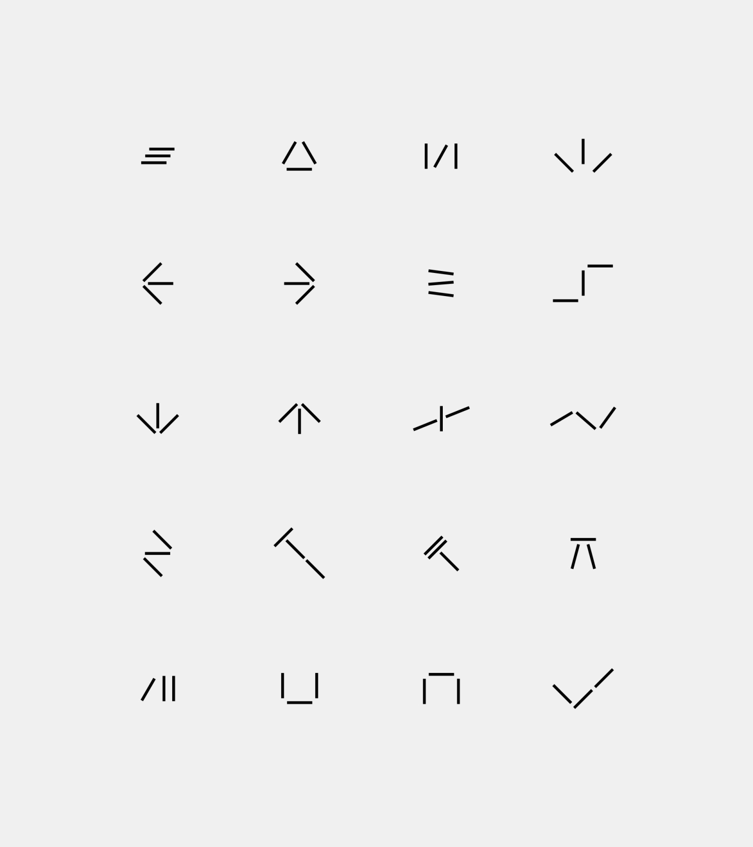 Minimalist graphic design featuring an arrangement of twenty simple, linear shapes uniformly spaced on a light grey background.