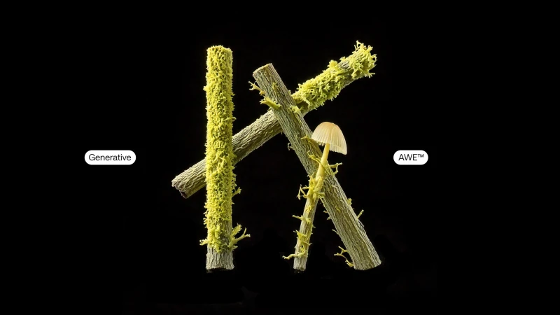 Moss covered branches forming letter K with mushroom in the center on a black background; nature-inspired design element.