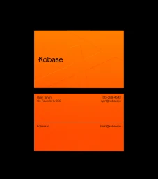 Orange business card featuring the Kobase brand name and contact details against a black background
