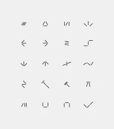 Minimalist grid of black geometric icons and symbols set against a solid light grey background.