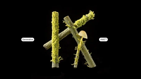 Letter K formed from moss-covered twigs and branches against a black background with a small white mushroom and interface labels