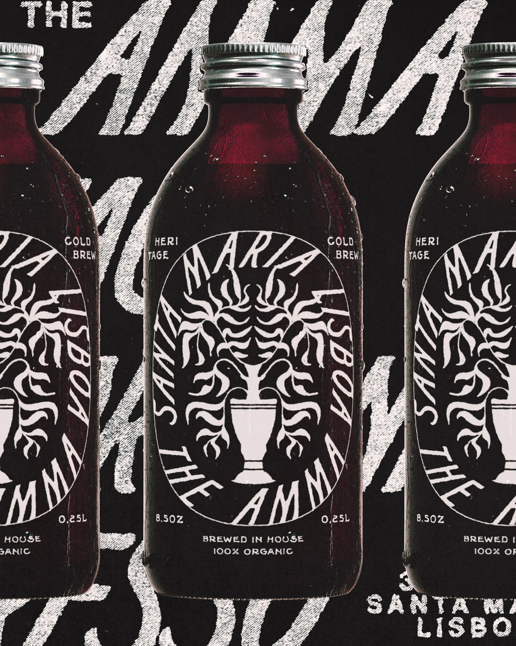 Three dark glass cold brew bottles are arranged in a repeating pattern against a black and white graphic background with abstract text.