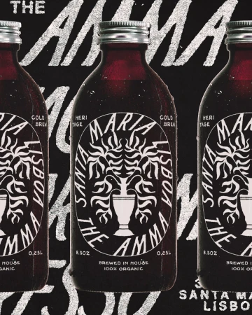 Three glass cold brew bottles featuring bold circular white typography against a dark textured background