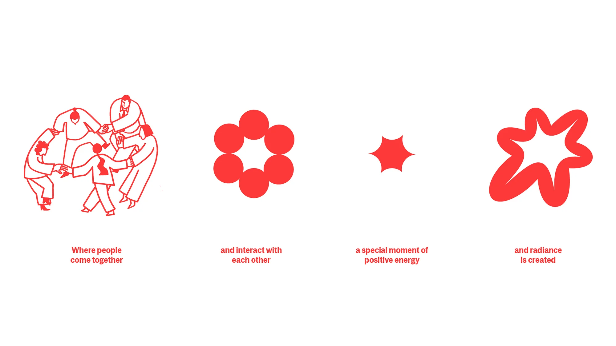 Illustration of people gathered in a circle, adjacent to graphic elements including red circles and star shapes on a white background.