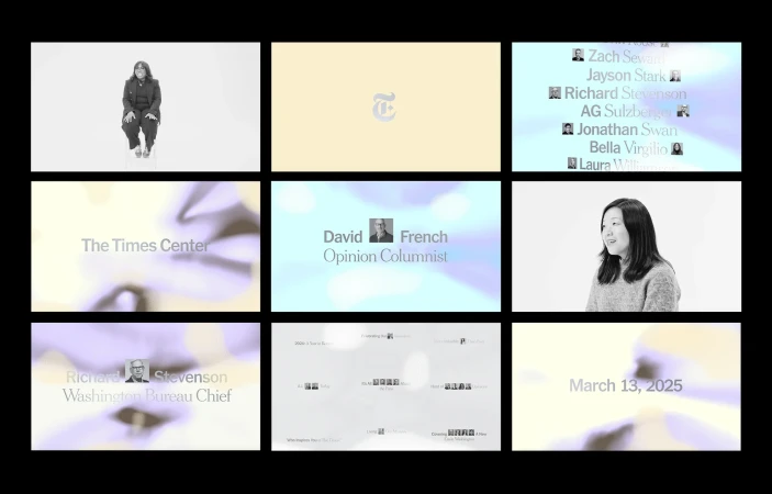 Nine panel video call featuring diverse individuals like David French, Richard Stevenson, and others, set against a clean, bright background.